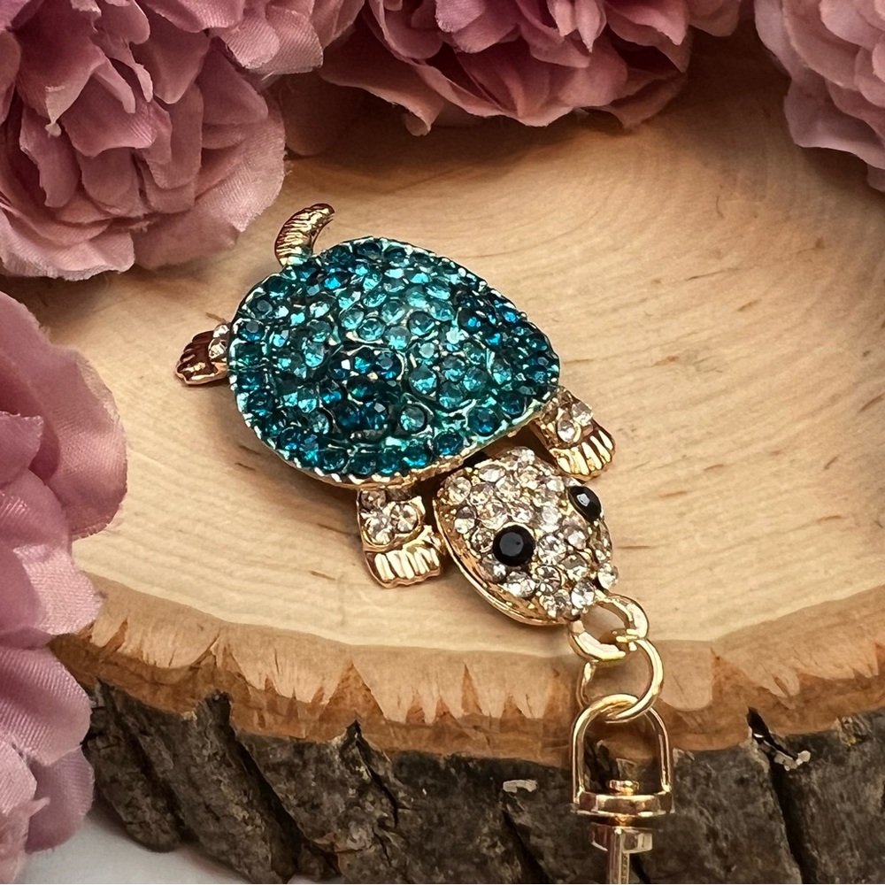 Blue and Silver Crystal Turtle Keychain Charm - Picture 6 of 16